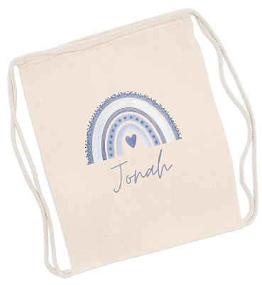 wunderwunsch Turnbeutel Motiv personalisiert, Sportbeutel Kinder, Personalisierte Sporttasche Kindergartenkind, Schulranzen Name, Kiga Beutel individualisiert mit deinem Namen (Regenbogen blau)