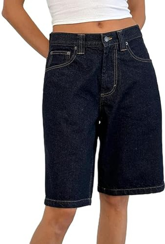 Bermudas Jorts Baggy Jeans Shorts: Pantalones Cortos Vaqueros Holgados Informales de Pierna Ancha hasta La Rodilla con Bolsillos(Indigo,Large)
