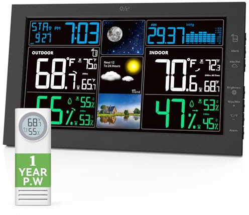Viveneat Stazioni meteorologiche wireless per interni ed esterni, termometro senza fili con orologio atomico digitale, ampio display, pressione barometrica, previsioni, retroilluminazione regolabile