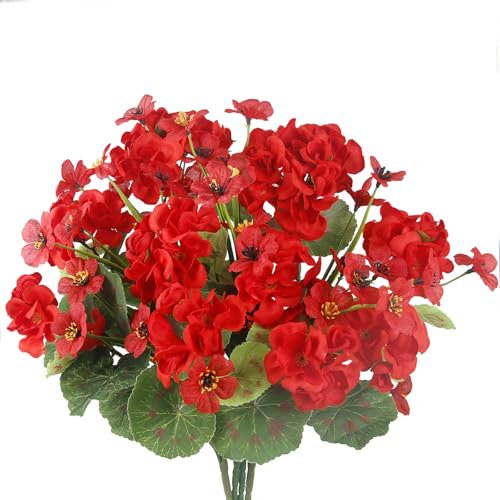 CISDUEO Künstliche Geranien für den Außenbereich, Seide, Geranien, Strauch, rote Kunstblumen für den Außenbereich, UV-beständig, künstliche Blumen für den Außenbereich, Dekoration, Garten, Terrasse