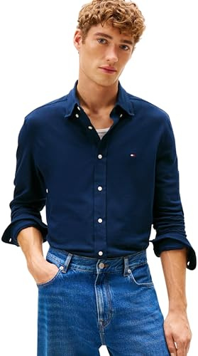 Tommy Hilfiger herr stickad Pique fjädervikt skjorta MW0MW41690 L/S skjorta, blå, XL, Blå (mörk natt marinblå), XL