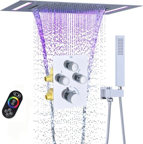 GETSHOWERSET Brass 14x20 in Shower Head System with Square Handheld Chrome | 2 in 1 Functions Rain Waterfall LED Shower Head, Concealed Push Button Thermostatic Mixer Shower Valve, All Can Run Together