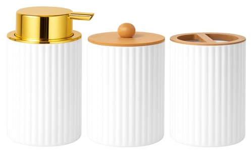 Juego de Accesorios de Baño de 3 Piezas con un dispensador de jabón Blanco, un Vaso para Cepillo y un Vaso para hisopos, Accesorios para baño, jabón líquido y Gel Recargable