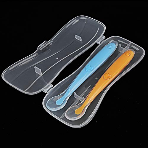Babylöffel, 2 Stück/Set Silikon-Babylöffel mit Weicher Spitze, für Babys über 4 Monate, mit Box (Gelbblau)