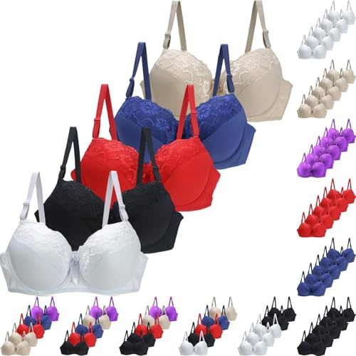 Lot de 5 soutiens-gorge minimiseurs push-up rembourrés en dentelle florale pour femme - Couverture complète - Confortable et doux - Soutien-gorge à armatures