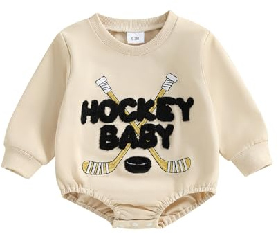 Yxniwxe Baby Boy Hockey Outfit Romper Ice Hockey Stick Embroidery Long Sleeve Sweatshirt Hockey Baby Bodysuit 0-18M Fall (Beige, 0-3 Months)