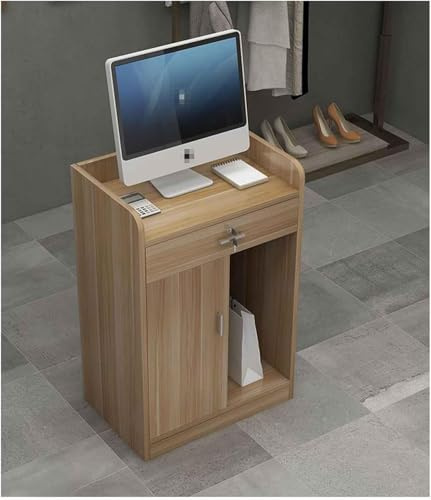 Bureau de réception moderne en noyer avec tiroirs verrouillables – Comptoir avant incurvé élégant pour salon et vente au détail – 60 x 40 x 92 cm – Design MDF