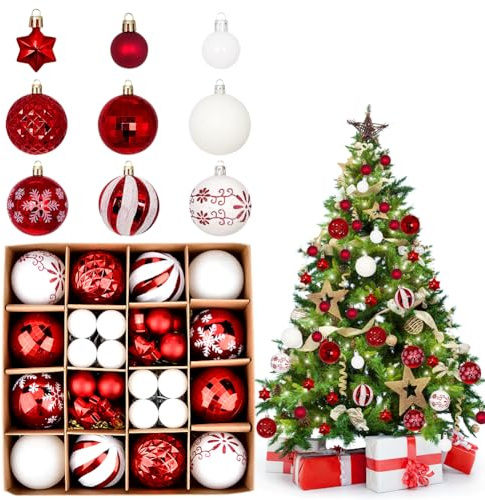 Weihnachtskugeln Rot Weiß, 44Stück Weihnachtskugeln Kunststoff, Christbaumkugeln Kunststoff, Weihnachtsbaumkugeln Plastik, Aufhängen Bruchsicher Weihnachtsbaumschmuck Kugeln Weihnachtsbaum Schmuck Set