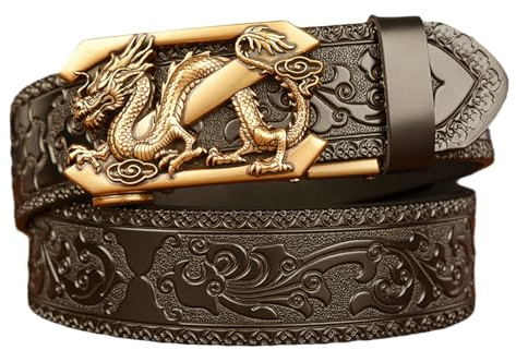 KazeRyu Ceinture En Cuir Neutre Avec Gravure Dragon Doré - Boucle Automatique Réglable, Motif Floral Rock Relief For Jeans(Dragon~a,125cm/waist:42~44)