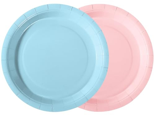 PYAILI 50 Assiettes Carton - Set Fête Enfant 23 cm (25 Rose & Bleu Morandi) pour Anniversaire Enfant