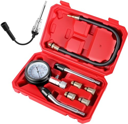 Wvoillty 9tlg KFZ Benzin Motor Kompressionsprüfer 0-300 PSI / 0-20 Bar, Auto Kompressionstester für Benzinmotor mit Zündkerzentester und 4 Adapter M10 M12 M14 M18 (Rot)