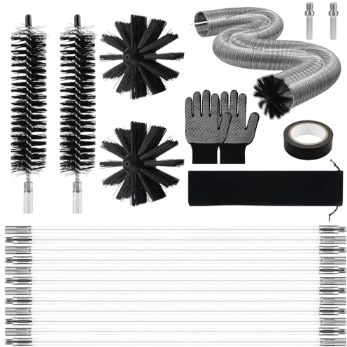 Jonuin Chimney Cleaning Brush Kit, 21 Pcs Chimney Sweep Kit with 12 Flexible Rods, 4 Brush Heads, 2 Hex Adapters, Tape, Gloves & Storage Bag, Duct Vent Cleaning Set for Flue, Fireplace, Sewage Pipe