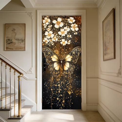 WDESYADMS Door Sticker 30.3x78.7 Inch Golden Butterfly and Flowers Design Door Cover Decorations for Home Entryway Indoor Outdoor Seasonal Decorative Sticker for Porch and Living Room Decor