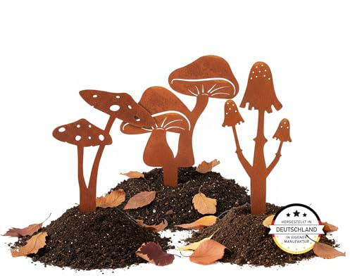 EXTRAVAGANT® Gartenstecker Pilze 3er Set Edelrost Gartendeko Metall wetterfest Rostdeko Herbstdeko Garten Handmade Geschenkidee