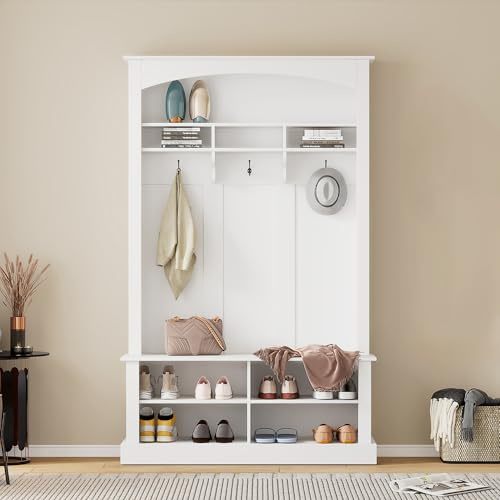 phosir Flurgarderobe Set mit Sitzbank & Ablage | 3 Haken & 2 verstellbaren Böden | Schuhbank Garderobenset 120cm Breit, flurgarderobe garderobenset gaderobenschränke Flur Set (Weiß)