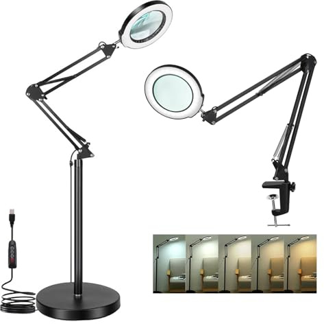 10 lupas con luz y soporte, 3 en 1 flexible brazo giratorio para suelo, lámpara LED con lupa, 5 modos de color, regulable sin niveles, lupa de lectura, manos libres para esteticistas, tratamientos