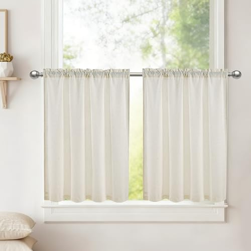 DWCN Scheibengardine Küchengardinen Leinen Natural, H45xB60cm 2 Stück | Halbtransparent Kurz Leinenvorhang Fenster Bistrogardine für Schlafzimmer Schrankvorhang Badezimmer Vorhänge Wohnzimmer