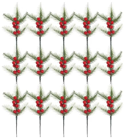 TEHAUX 20 Rami di Pino Innevati Artificiali Bacche di Agrifoglio e Steli di Cedro Finto Decorazioni Natalizie per Ghirlande Centrotavola e Composizioni Floreali Invernali Materiali