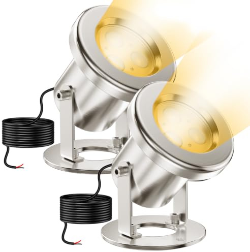 OSREE 6W Focos para Estanques 2700K, 12V Luz Sumergible de Jardín de Acero Inoxidable SS316 con Cable 4.5M, IP68 Impermeable Lámpara para Fuentes, Cascadas, Blanco Cálido, Pack de 2