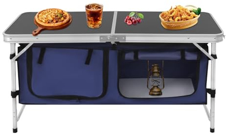 panfudongk Mesa de camping plegable, mesa de camping con encimera y compartimentos de almacenamiento, alturas ajustables, mesa de camping portátil con 2 mesas, 120 x 47 x 70 cm