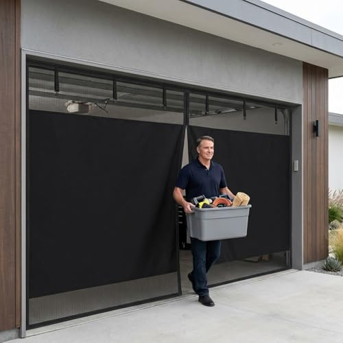 Garage Door Fly Screen Mesh, Privacy Garage Door Fly Screen Netting, Powerful Magnets Fibreglass Curtain Keeps Insects Out, Drill-Free Fastener Tape, Hands Free(W305 x H244 cm (W10 x H8 ft))