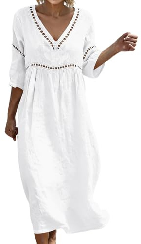 ABLYTMIAQ Womens 3/4 Sleeve Maxi Dresses Elegant Lace Loose Long Dress Ladies V Neck A-Line Sundresses Summer Casual Beach Sundress