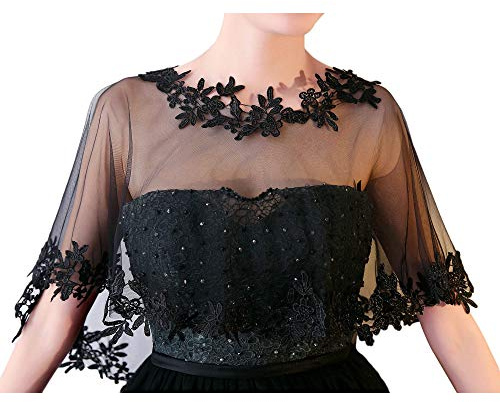 CHIC DIARY Lace Wedding Shawl Wrap for Women Evening Cape Bridal Shoulder Covers UP Scarf for Dress Prom Party (Black)