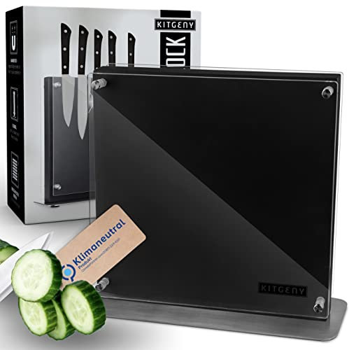 KITGENY Acacia Wood Magnetic Knife Block - Minimalist, Black, Non-Slip Stable Stand & Protective Disc