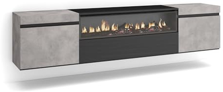 Skraut Home | TV-Schrank, Lowboard | für Wohnzimmer und Esszimmer | 200x45x35cm | Für TV-Geräte bis zu 80 | Elektrokamin. Maße | Hängend | Moderner Stil | Zement