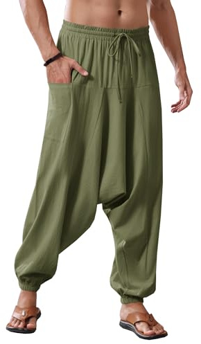 Runcati Pantaloni da Uomo in Cotone Harem Baggy Hippie Casual Lino Yoga Pantaloni da Spiaggia con Passaggio Profondo Trouser, Verde, M