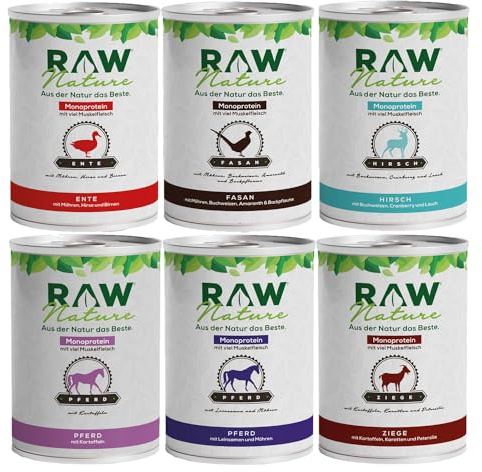 RAW Nature Hunde-Nassfutter Mix-Pack – 6 x 400 g, getreidefrei, Monoprotein | Abwechslungsreiches Mix-Pack mit sechs 400-g-Dosen, hohem Fleischanteil, getreidefreier Rezeptur und Monoprotein.