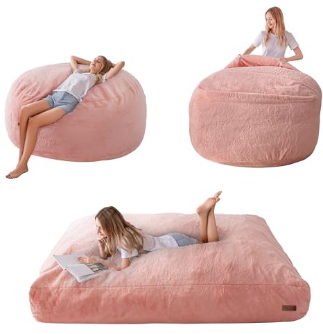 MAXYOYO Sitzsack-Bett – umwandelbar von Sitzsack zu Bett – Schaumstoff-Sofa mit zotteligem Bezug und flauschiger Füllung für Erwachsene, Jugendliche, Gäste (Rosa, Doppelbett)