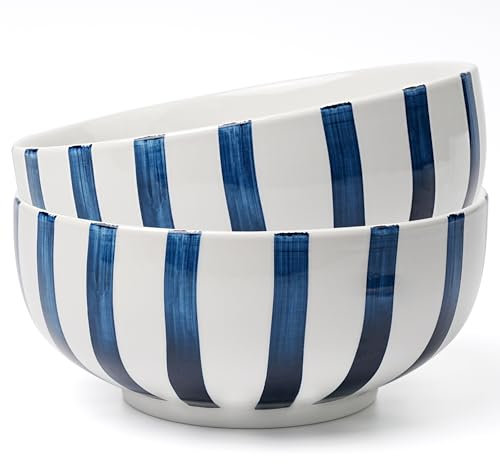 Ensaladera, cuencos para servir, cuencos de sopa, juego de 2 cuencos grandes de cerámica a rayas azules para entretenimiento, aptos para lavavajillas y microondas.