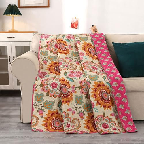 Qucover Single Bedspreads Quilted American Vintage Style Sunflower Pattern Quilted Throw 150x200 cm Beautiful Girl's Patchwork Quilts for Single Bed