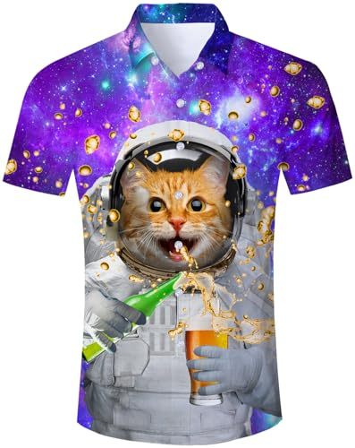 TUONROAD Hawaii-skjorta herr 3D funky skjorta skjorta herr kortärmad button down fritidsskjorta Hawaii skjorta män M-XXL, öl katt, XXL