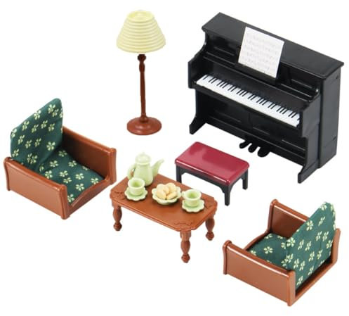 KARLOR Miniatur Möbel Set Wohnzimmer, 17 Stück Mini Möbel Sofa Tisch Klavier Stehlampe Kaffee Tasse Desserts Teeservice, Tischdeko Zubehör 1:12 Mini Szene Dekoration Basteln Geschenk（17 pcs）