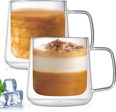 PORFOYO 400ml Tazas de Cafe Cristal, Juego de 2 Tazas de vidrio de doble pared con Asa, Vasos Doble Pared Cristal para Café Leche Té Latte Macchiato y Más