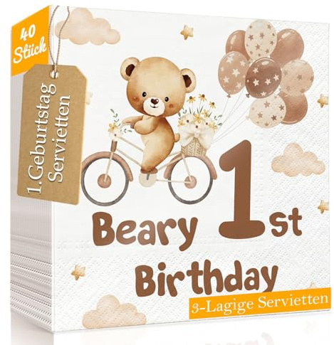 WenmthG 40 Stück 1. Geburtstag Servietten mit Spruch 'Beary 1st Birthday' für Kindergeburtstag - 1. Geburtstag Deko Junge Mädchen - 3-Lagige Weich Servietten 33 x 33 cm