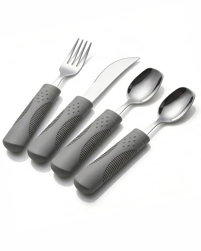 Curavita Set de Cubiertos Adaptativos con Peso 142 g – Cubiertos para Temblores y Párkinson, Cuchillo Basculante, Cuchara Pala, Mango Ergonómico (Gris)