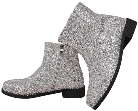 WXDTW Stivaletti da donna con glitter scintillanti, tacco basso grosso, con cerniera laterale, suola morbida, scarpe lucide, per serate, feste, balli studenteschi, matrimoni, Argento, 41.5 EU