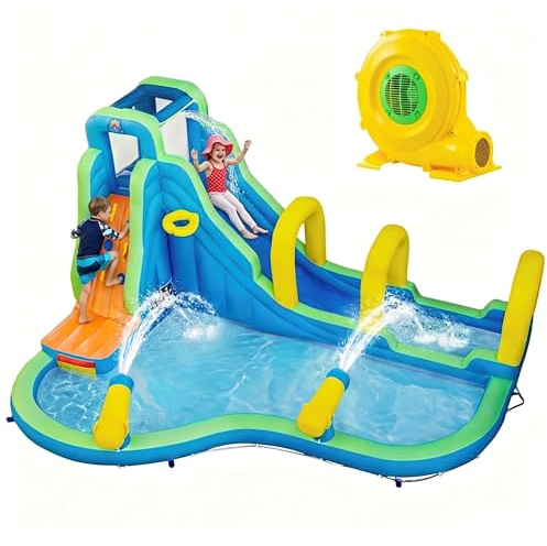 GIANTEX Castillo hinchable con tobogán acuático, castillo hinchable 5 en 1 con pared de escalada, canasta de baloncesto, piscina infantil y 2 cañones de agua, parque acuático para niños al aire libre