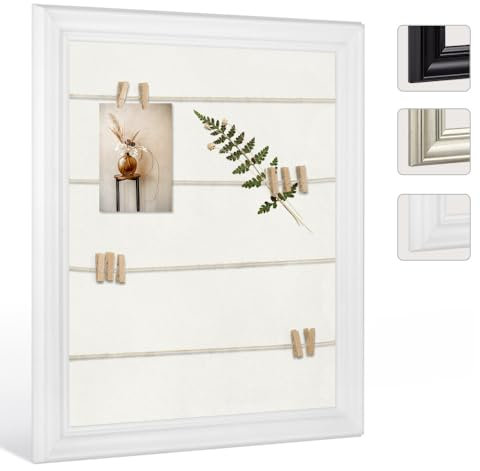 Bildershop-24 Cornice portafoto ATHEN con corda e 20 mollette in legno per appendere le foto e cartoline, 30 x 70 cm, bianco (opaco) con passepartout in bianco crema, bacheca da parete