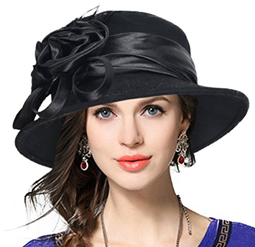VECRY Damen Wolle Cloche Eimer Hüte Jahrgang Kirche Kleid Hochzeit Winter Filz Fischerhüte (Blumen Schwarz)