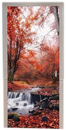 A.Monamour Türtapete Selbstklebend Türfolie Türposter 3D Karpatenberg Rot Nebligen Wald Rot Blätter Bachlandschaft Vinyl Folie Türdeko Tapete Wandbild Türaufkleber Türtattoo 77 x 200 cm