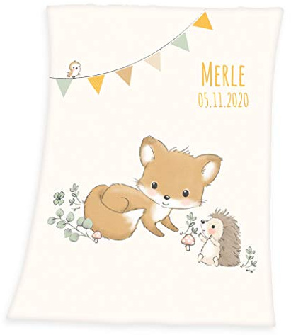 Wolimbo Babydecke mit Namen personalisiert - Motiv Waldfreunde - Besticktes Geschenk für Mädchen und Junge