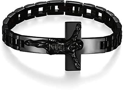 JewelryWe Herren Kreuz Armband Armreif, Edelstahl Jesus Christus Kreuz Kruzifix Biker Link Handgelenk Armspange Geschenk Silber Gold Schwarz