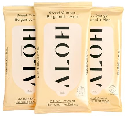 ALŌH Sweet Orange Bergamot + Aloe Sanitizing Hand Wipes - Clean Hands, Clear Mind - On The Go Hand Sanitizing Wipes for Kids and Adults - Travel Size 3 Pack 20ct Wipes (60 wipes)