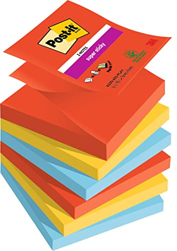 Post-it Super Sticky Z-Notes, 540 Sheets, Pack of 6 Pads, 76 mm x 76 mm - Holds Strong to Many Surfaces - Red, Yellow, Blue - for Walls, Monitors and Fridge, Recycable