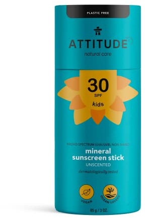 ATTITUDE Body Sunscreen Stick SPF 30, Broad Spectrum UVA and UVB, Plastic-Free Waterless, Plant and Mineral-Based Ingredients, Vegan Sun Care Products, Unscented, 85 grams