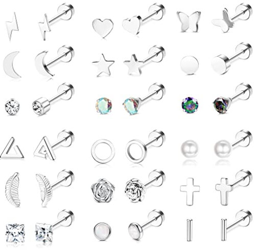 Milacolato 18-21 Paar Helix Piercings Knorpel Ohr Piercings Ohrringe Für Damen Tragus Piercing Silber Ohrstecker Edelstahl Damen Edelstahl Moon Star Heart Disc CZ Geometrische Piercing Schmuck